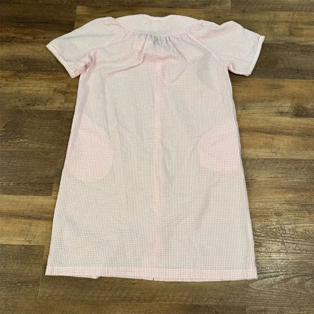 Miss Elaine Pink Gingham Seersucker Housecoat Pockets M Short Sleeve Snap STAIN